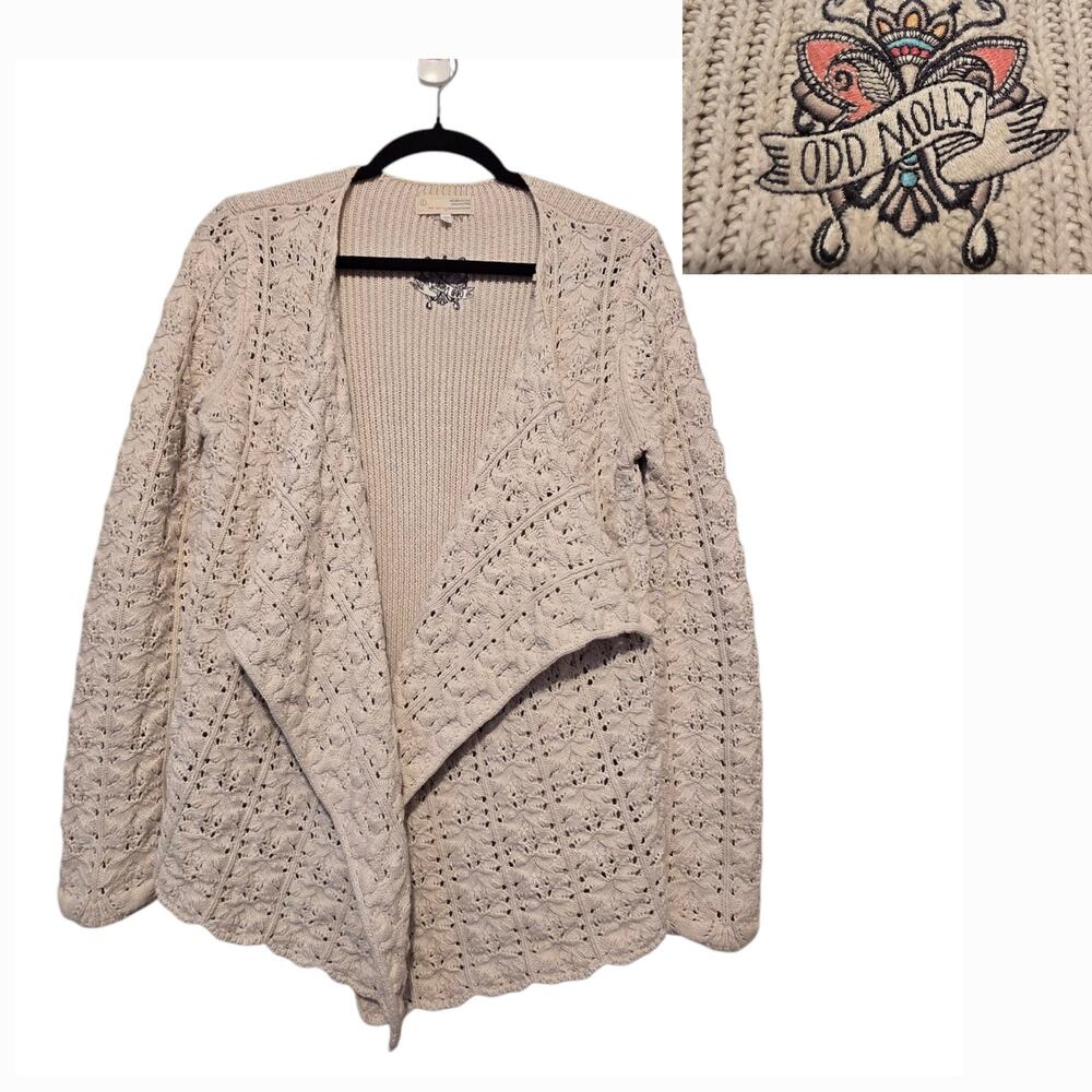 Odd Molly Womens Crochet Open Cardigan Sz 1 SM Cotton Embroidery Boho Cottage